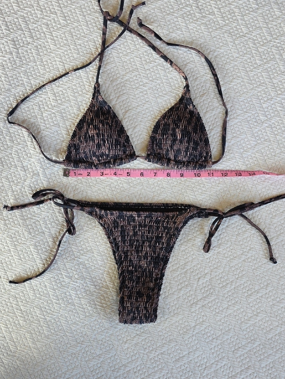 Smocked Tie-Side Triangle Leapord Print Bikini Set